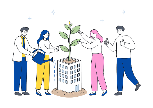 ビルから伸びている目を育ている様子のイラスト